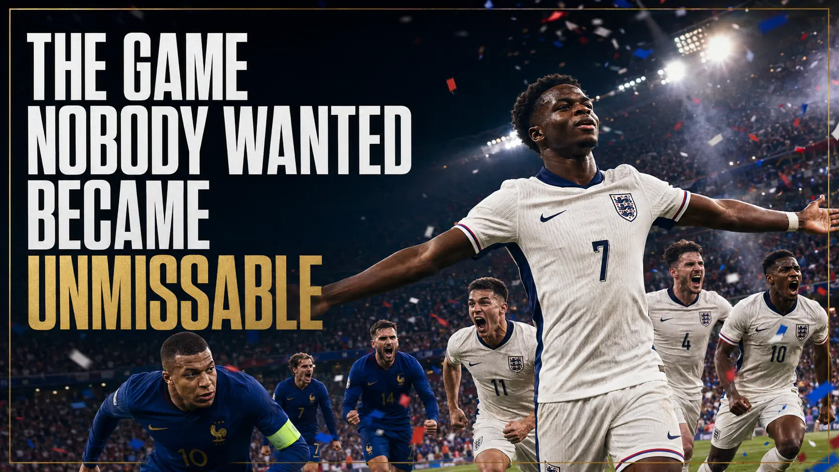 Bukayo Saka leads England’s celebration during the unforgettable 6–4 World Cup match against France.