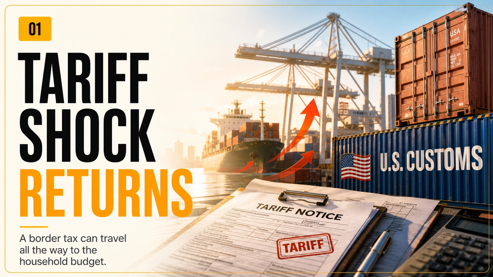 Cargo containers, customs inspection and tariff documents illustrating how border taxes can reach household budgets.