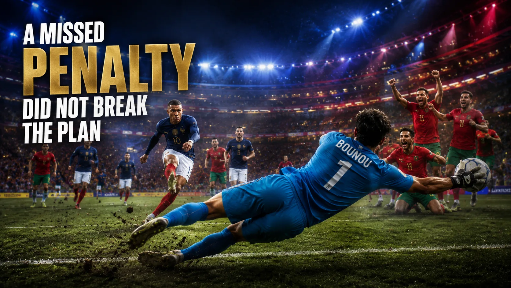 Morocco goalkeeper Bounou saving a penalty from France during the 2026 World Cup