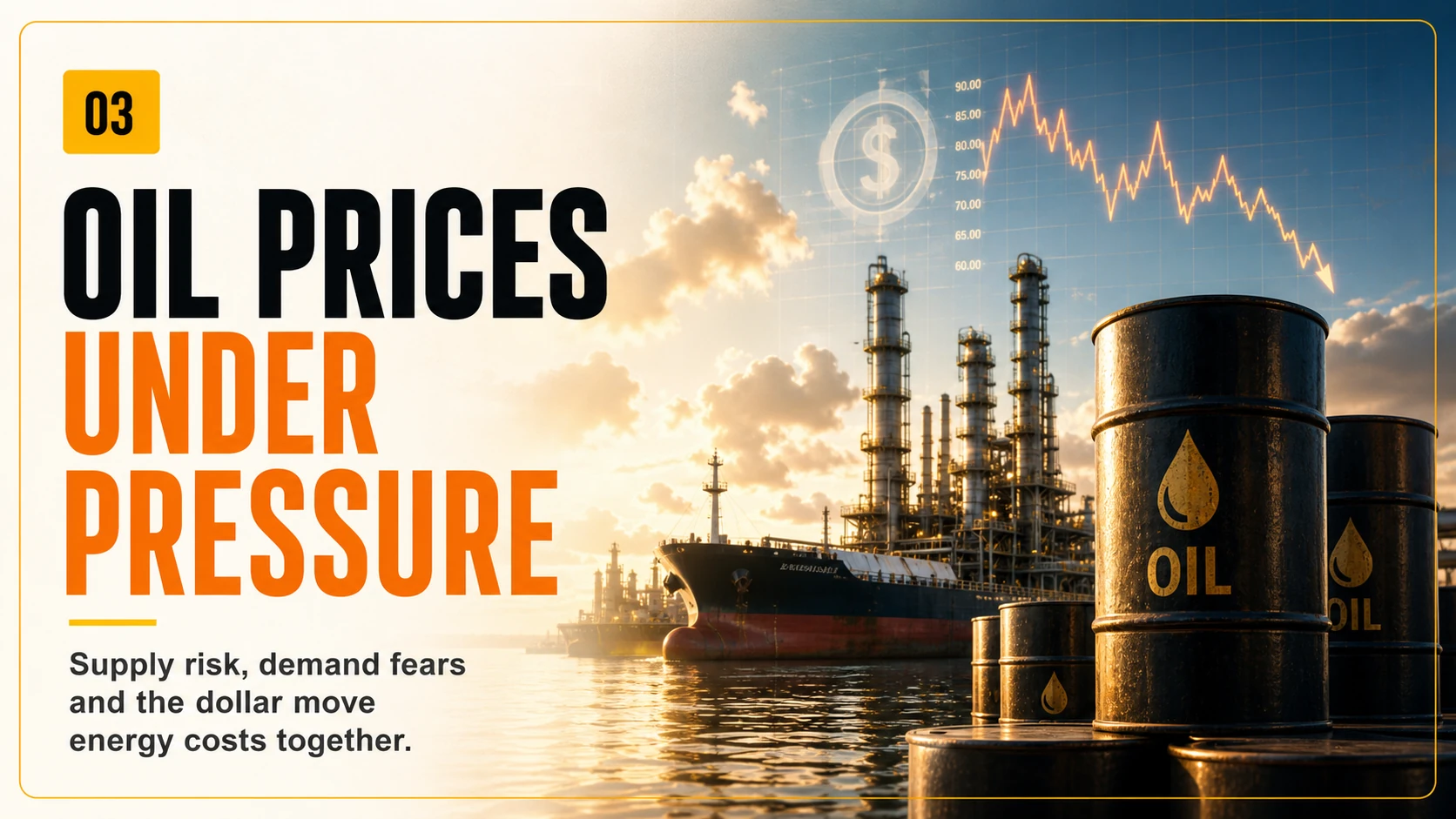 Oil barrels, refinery and tanker illustrating how supply risk, demand fears and the dollar affect energy prices.