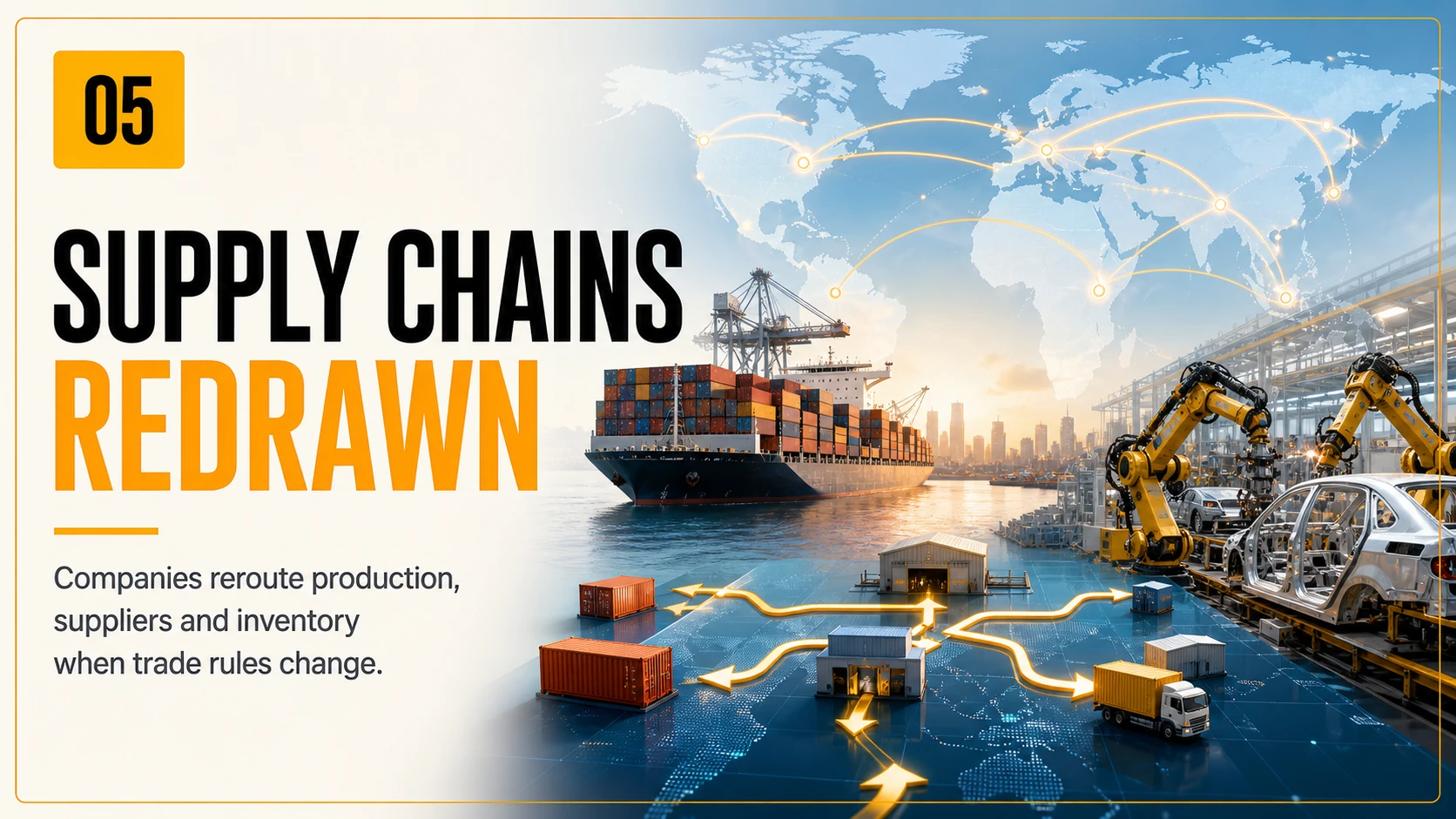 Global shipping routes, container port and factory illustrating companies changing suppliers and production networks.