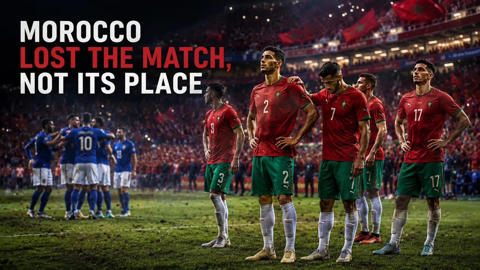 Morocco players standing with pride after their 2026 World Cup quarterfinal defeat to France