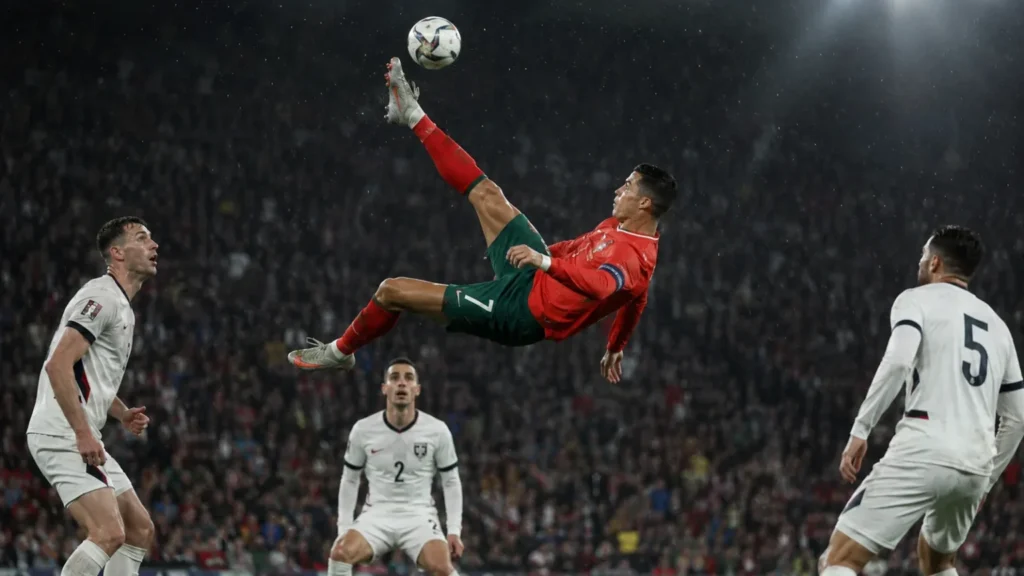 Cristiano Ronaldo performing an acrobatic kick for Portugal during the final stage of his World Cup career
