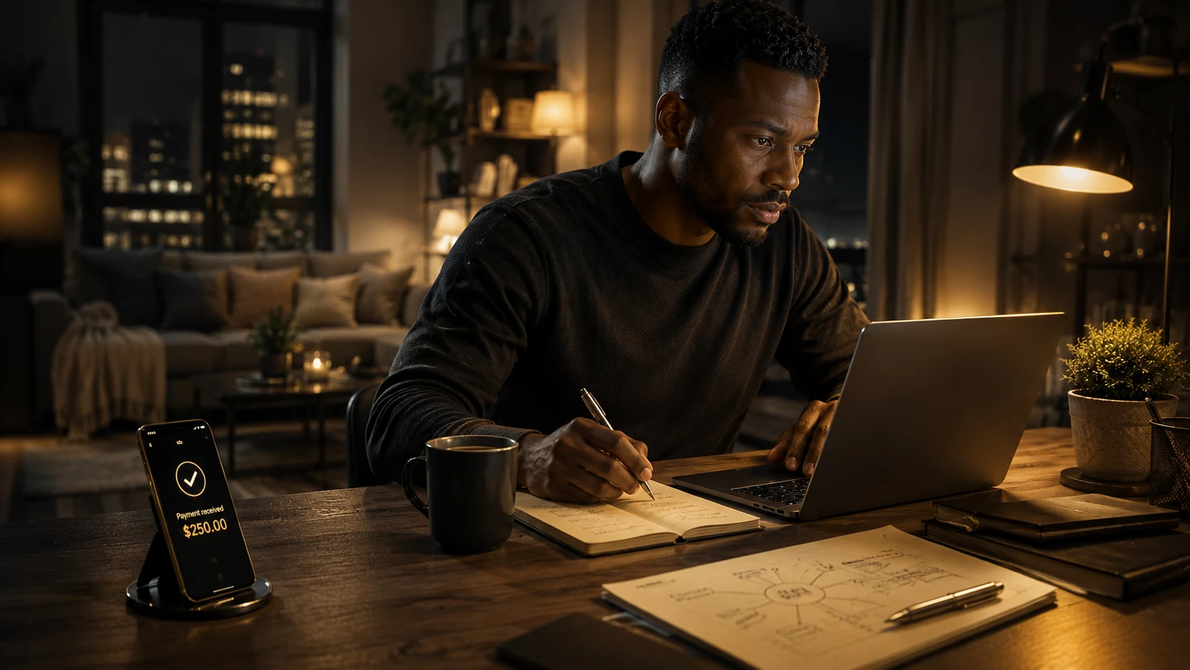 Person working at night from home with laptop notebook and a payment received notification, building a small side income