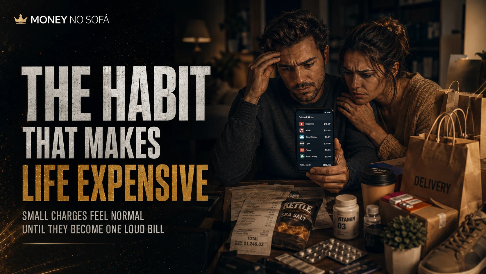 A couple surrounded by delivery bags, small purchases and receipts while looking at recurring charges on a phone