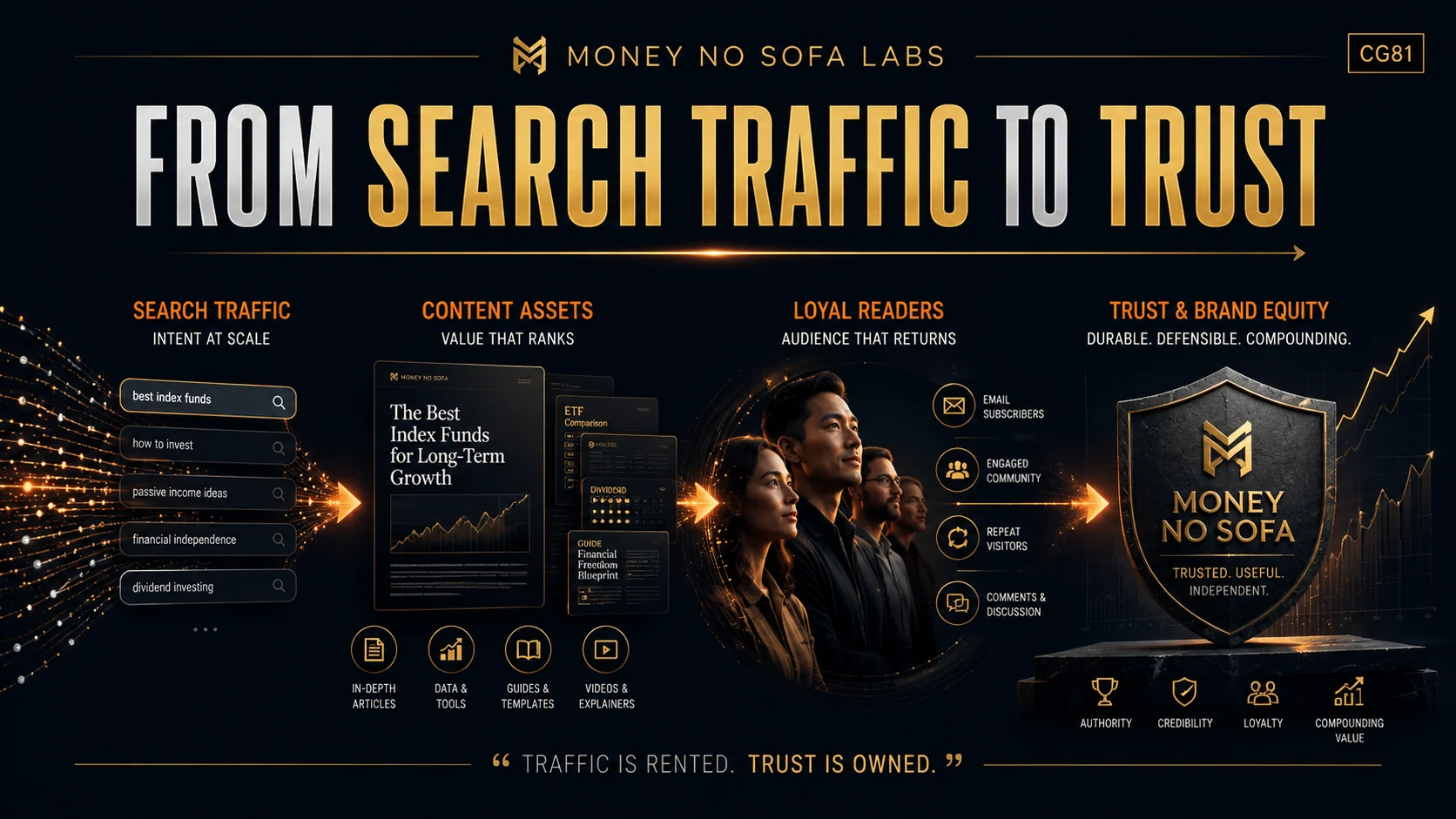 Reader journey from AI search visibility to trust, email, and products