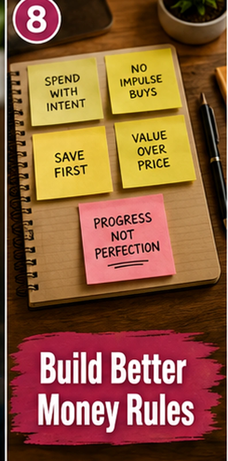 Notebook with intentional money rules and sticky notes