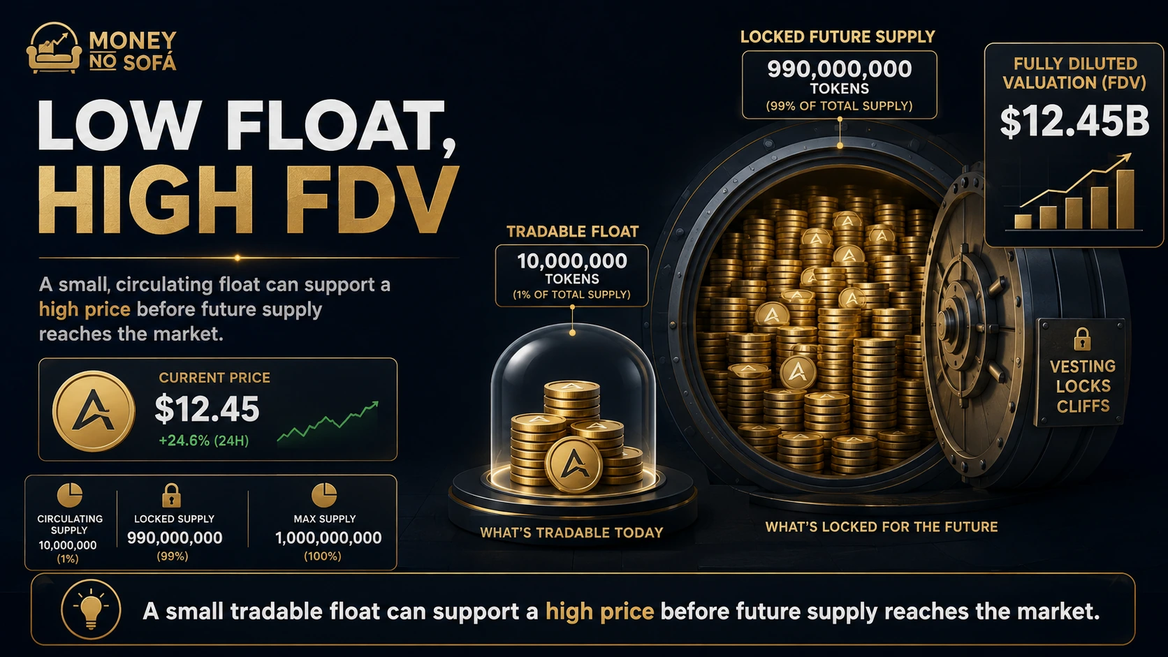Small circulating token float in front of a much larger locked supply and fully diluted valuation