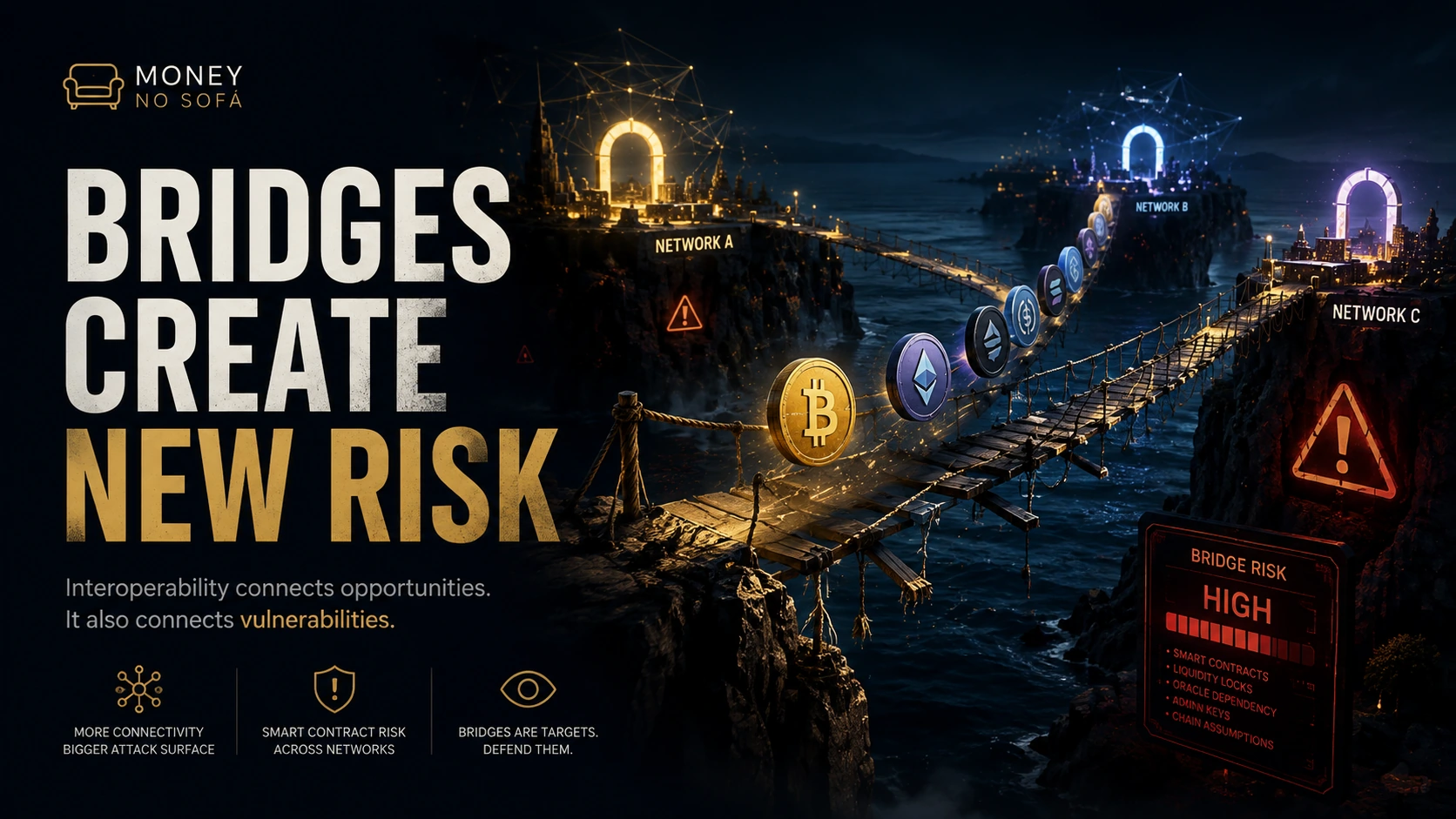 Digital bridges connecting Ethereum and rollups with warning points at contracts and validators