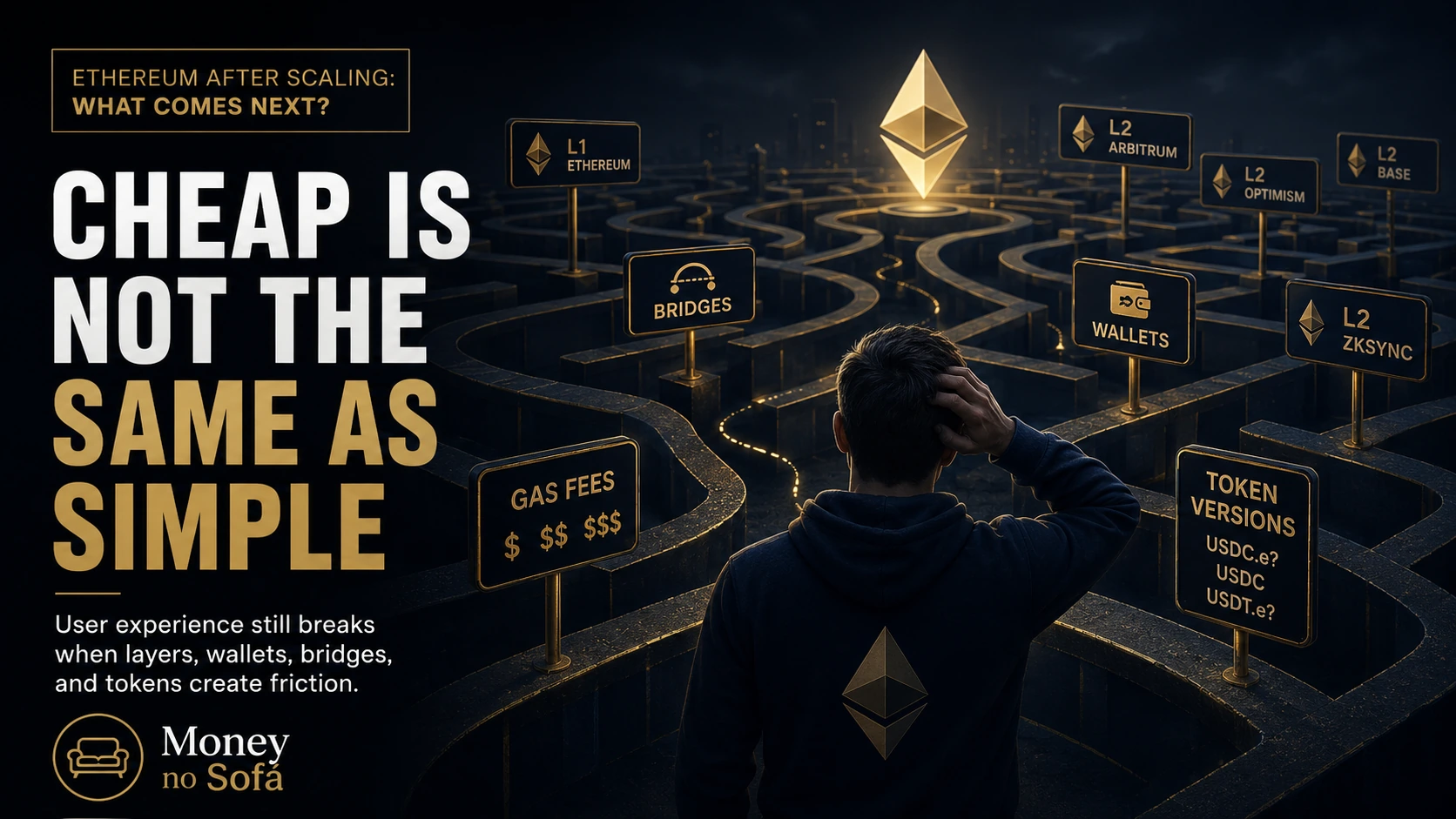 Crypto user confronting multiple Ethereum networks wallets bridges fees and token versions