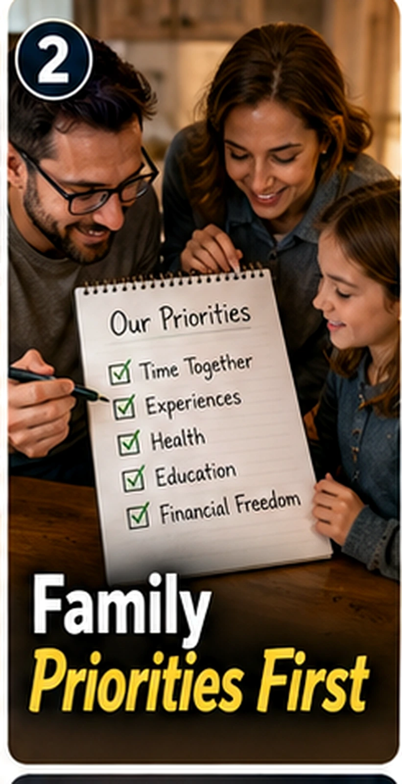 Parents and child listing family priorities