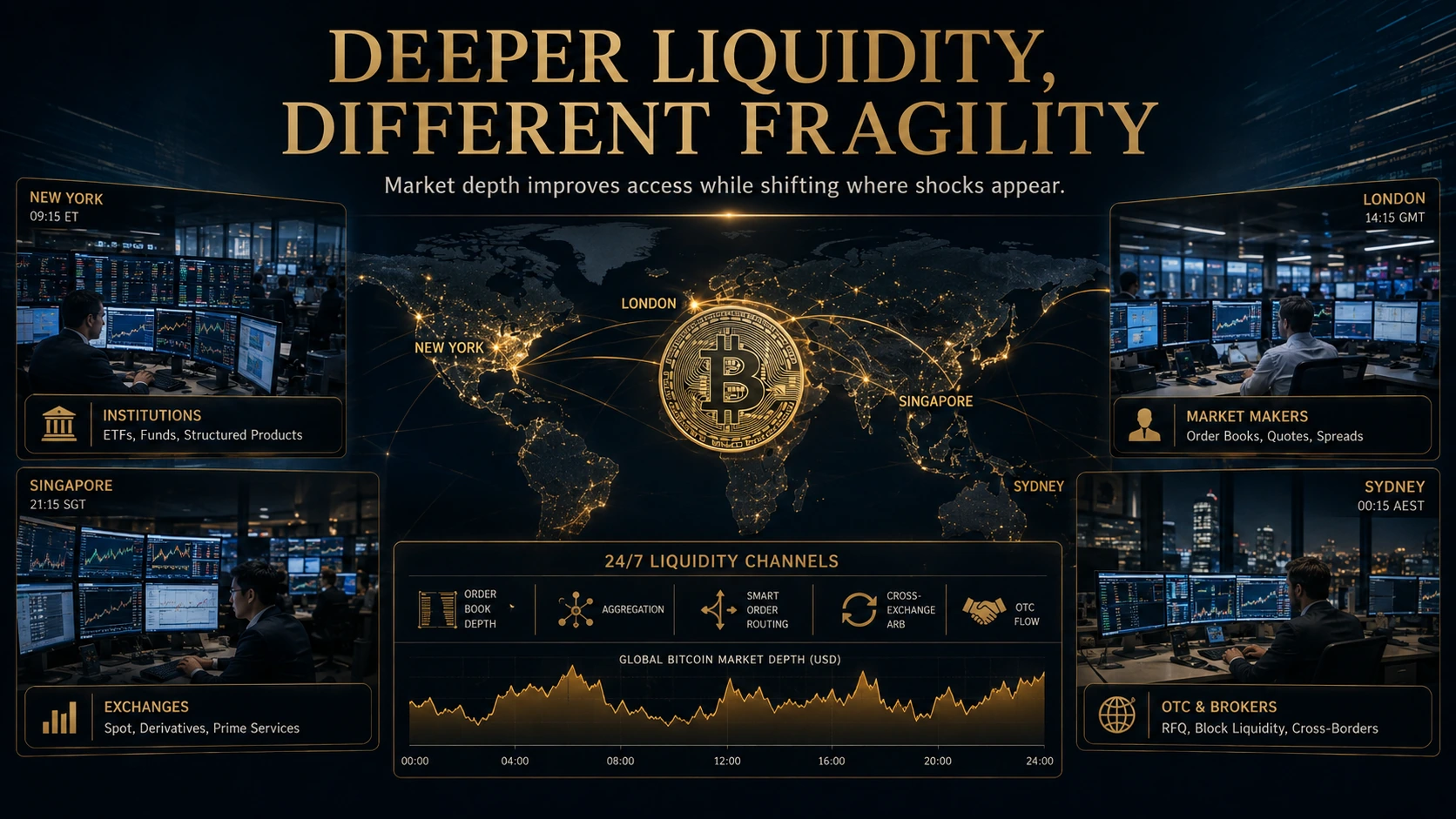 Deep Bitcoin liquidity alongside derivatives leverage and forced liquidations