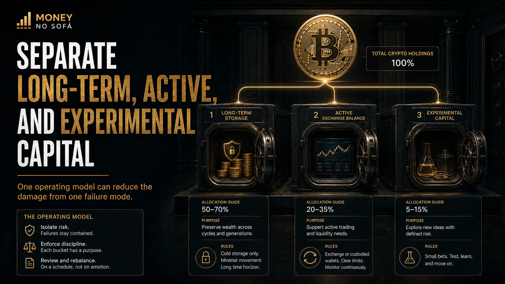 Crypto holdings separated into long-term storage active exchange balance and experimental capital