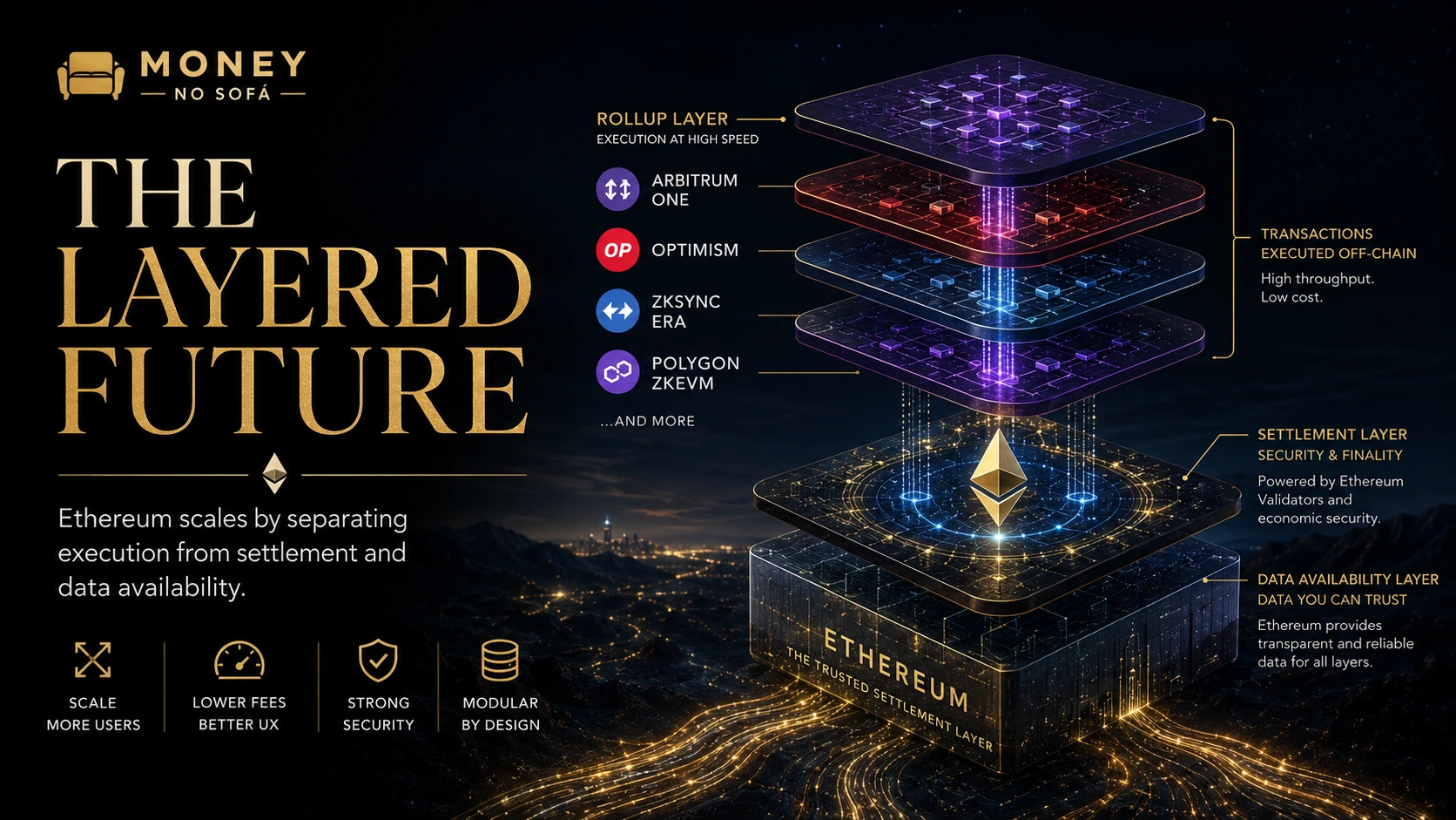 Layered Ethereum architecture showing the base layer beneath multiple rollup networks