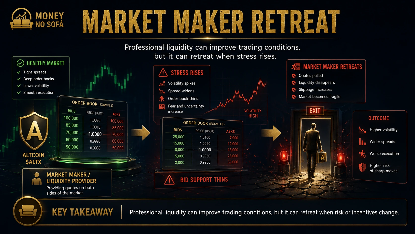Market maker withdrawing liquidity as an altcoin enters volatility and stress