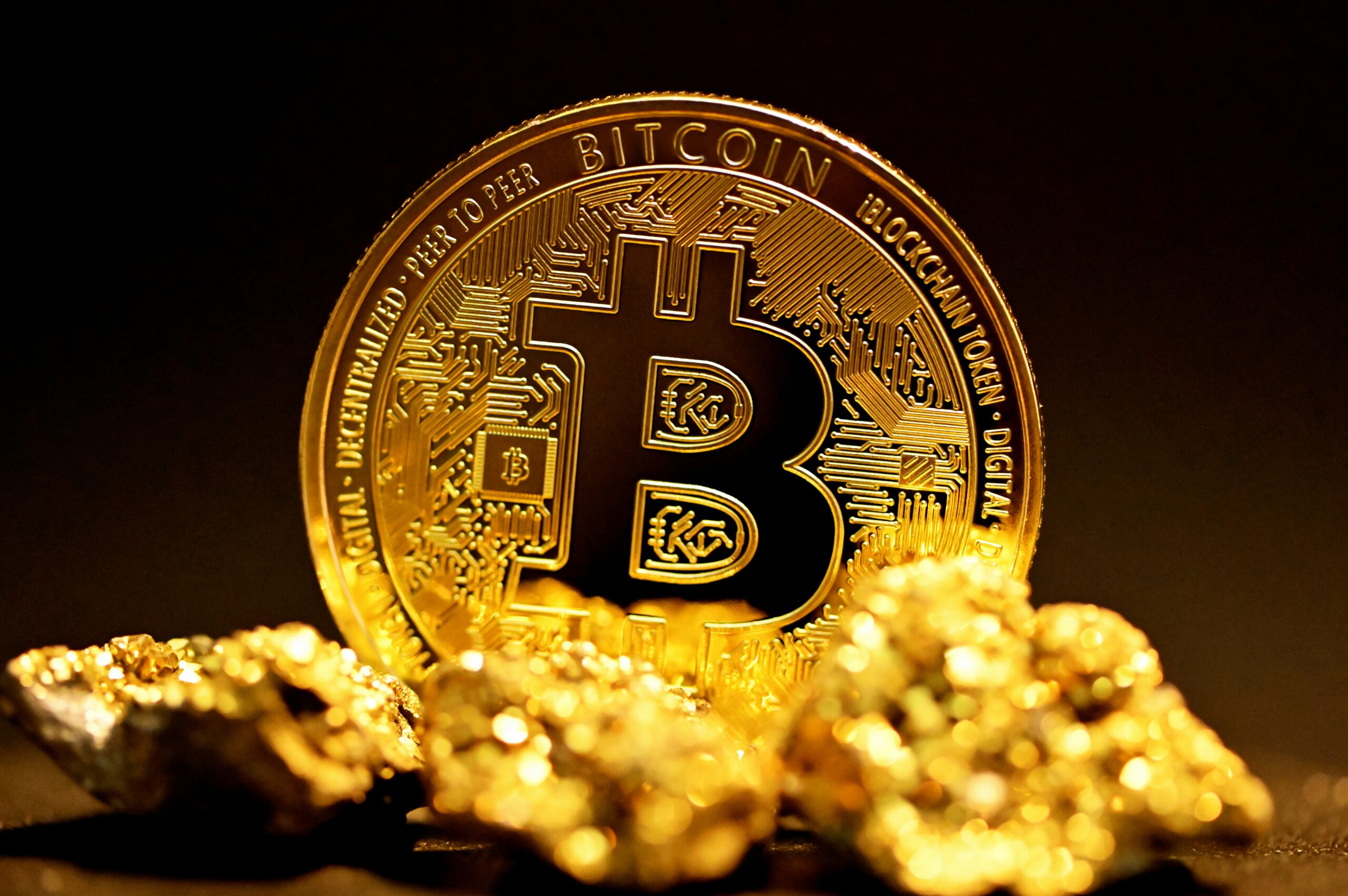 Bitcoin surrounded by gold, representing digital money and crypto.