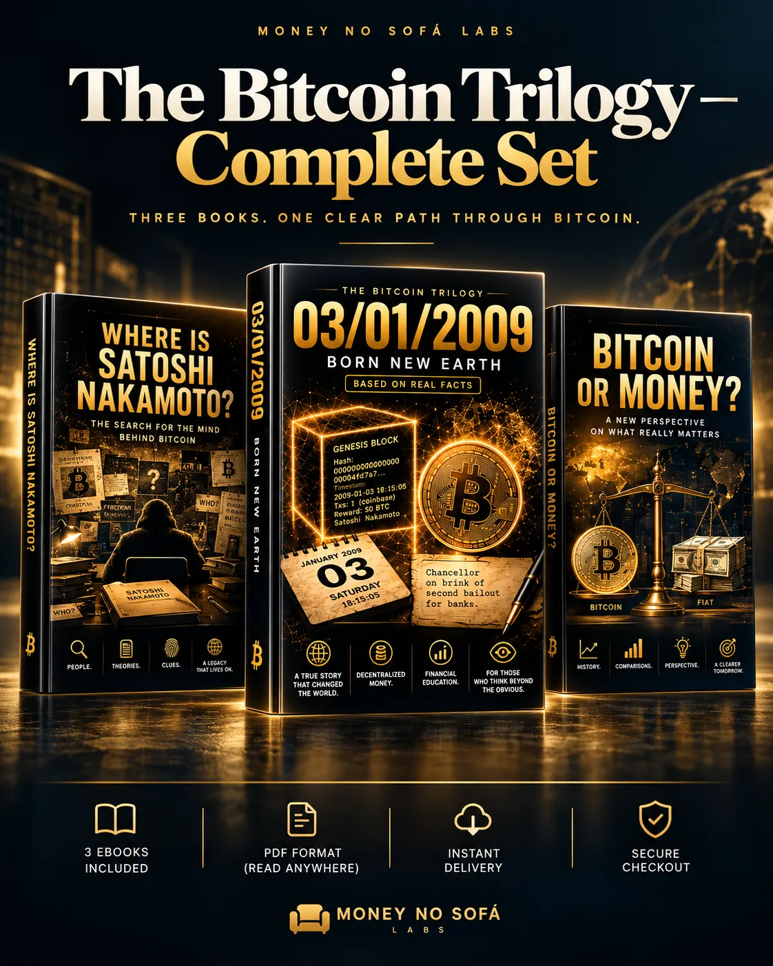 The Bitcoin Trilogy Complete Set by Money no Sofá Labs, three-book Bitcoin collection