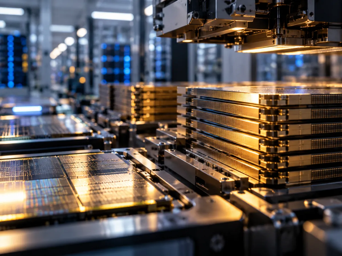 Conceptual semiconductor fabrication line with precision wafer-processing equipment, illustrating AI memory chip manufacturing.