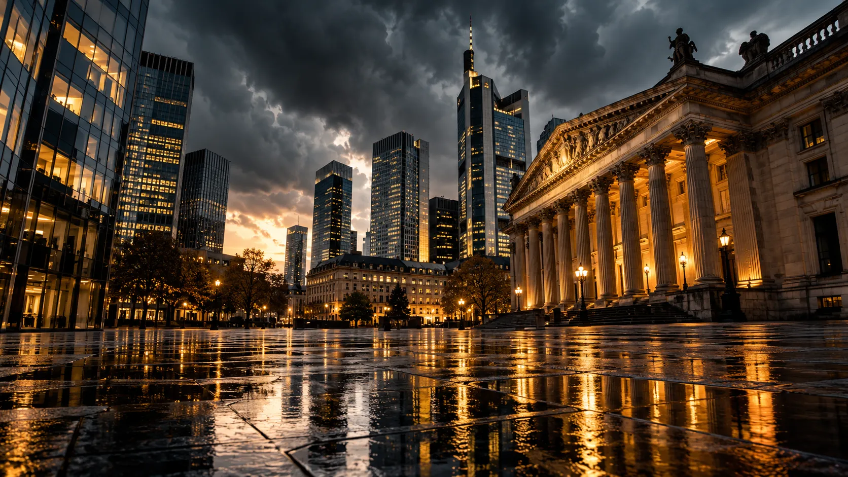 Conceptual banking district under storm clouds, illustrating financial exposure.